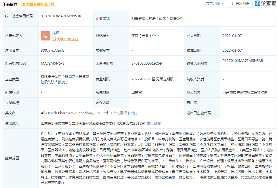 阿里健康大藥房300萬濟南設新公司，跨界布局廚具衛具引關注
